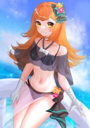 1girl alternate_costume aqua_eyeshadow bandaged_arm bandaged_hand bandages bikini black_bikini breasts choker ell_0314 eyeliner eyeshadow facial_mark fire_emblem fire_emblem_engage hair_ornament highres long_hair looking_at_viewer makeup medium_breasts nintendo orange_hair panette_(fire_emblem) red_eyeliner see-through_clothes short_bangs solo stitched_mouth stitches swimsuit yellow_eyes