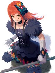 Rule 34 | 1girl, aqua eyeshadow, bandaged hand, bandages, black choker, black dress, choker, dress, eyeliner, eyeshadow, facial mark, fire emblem, fire emblem engage, fur sleeves, highres, labebebe lee, long hair, looking at viewer, makeup, nintendo, orange hair, panette (fire emblem), short bangs, solo, stitched mouth, stitches, yellow eyes