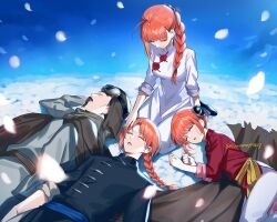 2boys 2girls arm_behind_head arm_up black_footwear black_jacket braid breasts brother_and_sister brown_hat bun_cover china_dress chinese_clothes closed_eyes closed_mouth commentary_request double_bun dress facial_hair father_and_daughter father_and_son gintama goggles goggles_on_head hair_bun hair_over_shoulder hat highres husband_and_wife jacket kagura_(gintama) kamui_(gintama) kouka_(gintama) long_hair lying medium_breasts mother_and_daughter mother_and_son multiple_boys multiple_girls mustache ninahachi on_back on_side orange_hair pants petals red_dress shoes short_sleeves siblings single_braid smile twitter_username umibouzu_(gintama) white_dress white_pants