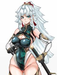 1girl absurdres bare_shoulders black_gloves breasts cleavage cleavage_cutout clothing_cutout covered_navel earrings elbow_gloves fate/samurai_remnant fate_(series) fishnets gloves gold_trim green_eyes green_leotard highleg highleg_leotard highres jewelry katana leotard long_hair looking_at_viewer ponytail shibao_aoyama sidelocks solo sword thighhighs thighs weapon white_hair yui_shousetsu_(fate)