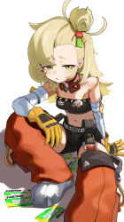 1girl absurdres bare_shoulders belt black_shorts blonde_hair breasts closed_mouth commentary english_commentary gloves goggles goggles_around_neck green_eyes hair_ornament highres knbd looking_at_viewer medium_hair midriff navel off_shoulder piper_wheel red_thighhighs shoes shorts simple_background sitting small_breasts solo thighhighs white_background white_belt white_shoes yellow_gloves zenless_zone_zero