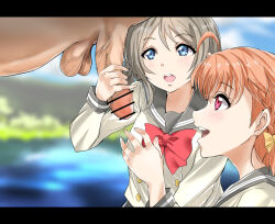 Rule 34 | 1boy, 2girls, artist request, blue eyes, blurry, blurry background, blush, brown hair, clothed female nude male, hetero, love live!, love live! sunshine!!, multiple girls, nude, open mouth, orange hair, penis, penis grab, penis milking, red eyes, school uniform, short hair, smile, takami chika, teeth, testicles, watanabe you