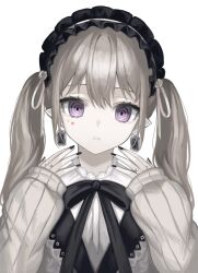 1girl absurdres black_bow black_bowtie black_nails blonde_hair bow bowtie commentary_request earrings facial_mark heart heart_facial_mark highres jewelry kkamkkam long_sleeves looking_at_viewer maid_headdress mark_under_eye nail_polish original parted_lips pointy_ears purple_eyes ringed_eyes sleeves_past_wrists star_(symbol) star_facial_mark sweater twintails upper_body white_background white_sweater