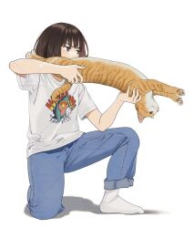 1girl aiming animal blue_pants brown_eyes brown_hair cat commentary_request denim full_body holding holding_animal holding_cat jeans laser_cats_(meme) mattaku_mousuke meme original pants print_shirt shirt simple_background socks t-shirt watermark white_background white_shirt white_socks