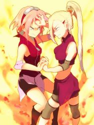 2girls bike_shorts blonde_hair blue_eyes clenched_teeth duel earrings fighting fishnets forehead_protector green_eyes hair_ornament hair_tie hairband hairclip hand_on_forehead hands_together haruno_sakura jewelry konohagakure_symbol long_hair multiple_girls naruto naruto_(series) naruto_shippuuden pink_hair ponytail short_hair standing teeth thighs yamanaka_ino yokige
