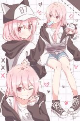 1girl absurdres ahoge animal_hat antenna_hair bag black_jacket black_sleeves borrowed_character cat_hat chibi commentary converse daikon_keroi denim denim_shorts floating flower_symbol food food_in_mouth from_behind grid_background hands_up hat heart highres hood hooded_jacket jacket knees_together_feet_apart leaning_forward long_hair long_sleeves looking_at_viewer looking_to_the_side multicolored_jacket mumble_(shachimu) one_eye_closed open_clothes open_jacket original paw_print pink_eyes pink_hair popsicle popsicle_in_mouth shirt shoes shorts sitting sleeves_past_wrists smile sneakers solo straight_hair two-tone_jacket white_jacket white_shirt