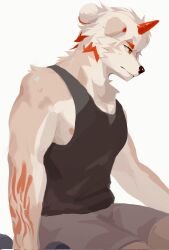 1boy arknights black_shirt black_tank_top chinese_commentary closed_mouth colored_tips commentary_request dongyuk dumbbell from_side furry furry_male grey_shorts highres holding holding_dumbbell horns hung_(arknights) komainu_boy komainu_ears komainu_tail male_focus multicolored_hair nipples profile shirt shorts single_horn sleeveless sleeveless_shirt tank_top white_background