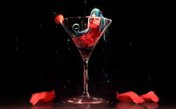 1girl aqua_eyes aqua_hair armpits asymmetrical_clothes bow breasts cherry cocktail_glass cup dress drinking_glass female_focus food frilled_dress frills fruit hatsune_miku highres in_container in_cup in_food liu_guniang long_hair mini_person minigirl open_mouth petals red_dress rose_petals scrunchie single_strap sleeveless sleeveless_dress solo twintails very_long_hair vocaloid water_drop wine_glass