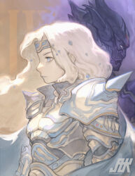 2boys absurdres androgynous armor aura back-to-back beads bishounen black_armor blank_eyes blue_armor blue_cape blue_eyes blue_lips cape cecil_harvey dark_aura dark_knight dark_persona dual_persona fake_horns final_fantasy final_fantasy_iv from_side full_armor hair_beads hair_ornament helmet highres horned_helmet horns knight lipstick long_hair makeup male_focus multicolored_armor multiple_boys no_pupils pale_skin profile shoulder_spikes spiked_pauldrons spikes thatjaykart white_armor white_hair