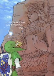 1boy 2023 blonde_hair earrings from_behind gauntlets hat jewelry link master_sword navi nintendo outdoors pointy_ears relief sculpture shield shield_on_back shrub_mtg solo statue sword the_legend_of_zelda the_legend_of_zelda:_ocarina_of_time tunic weapon