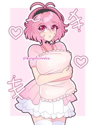 1girl ahoge aryberries bead_necklace beads cowboy_shot crush_crush dress elle_(crush_crush) highres hugging_object jewelry nail_polish necklace pillow pink_dress pink_eyes pink_hair pink_lips short_hair simple_background solo thighhighs white_thighhighs