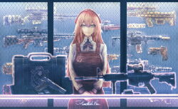 1girl apron armory assault_rifle brown_apron girls&#039;_frontline girls&#039;_frontline_2:_exilium gun gun_rack handgun highres jhands_onpc john_wick looking_at_viewer magazine_(weapon) rifle scene_reference scope sniper_rifle solo springfield_(girls&#039;_frontline) suitcase weapon weapon_request