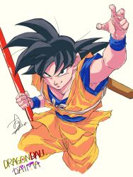 1boy arm_at_side armpits black_eyes black_hair blue_sash blue_undershirt closed_mouth copyright_name cropped_legs dougi dragon_ball dragon_ball_daima dragonball_z fighting_stance fingernails from_above highres holding holding_staff holding_weapon jumping knee_up looking_at_viewer looking_up male_focus messy_hair muscular muscular_male obi orange_pants ota_ta999 outstretched_arm pants parted_bangs pectorals raised_eyebrow ruyi_jingu_bang sash sheath short_sleeves signature simple_background sleeveless smirk son_goku spiked_hair staff star_(symbol) swept_bangs undershirt weapon wristband yellow_background