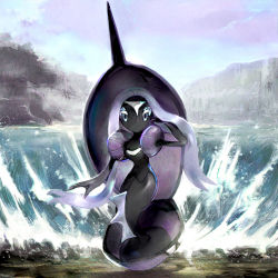 byte_(grunty-hag1) cloud commentary_request day floating_hair gen_7_pokemon grey_eyes legendary_pokemon long_hair looking_at_viewer nintendo no_humans outdoors pokemon pokemon_(creature) purple_hair sky solo tapu_fini water