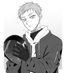 1boy alien_stage closed_mouth commentary gloves greyscale helmet holding holding_helmet hood hoodie jacket male_focus monochrome motorcycle_helmet nw99sn scar scar_on_neck short_hair signature solo till_(alien_stage) upper_body very_short_hair