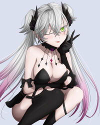 Rule 34 | 1girl, bare shoulders, black dress, blush, breasts, demon girl, demon horns, dress, fate/grand order, fate (series), green eyes, grey hair, hasebe akira, horns, large breasts, lilith (fate), long hair, looking at viewer, one eye closed, pointy ears, solo, twintails
