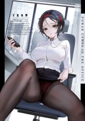 1girl absurdres alternate_costume black_hair black_pantyhose character_name collared_shirt crotch_seam crow_(nikke) ear_piercing english_text goddess_of_victory:_nikke highres medium_hair multicolored_hair pantyhose piercing red_hair shirt solo streaked_hair uyuri_(89976220)