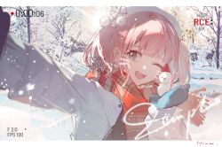 1girl beret black_sweater blue_mittens blunt_bangs border brown_eyes camera camera_pov character_name chinese_commentary coat collared_shirt commentary_request commission day drawn_whiskers duany eyelashes forest frilled_shirt_collar frills fringe_trim girls_band_cry happy hat hat_ribbon high_collar highres hina_(girls_band_cry) holding holding_camera hood hood_down hooded_coat letterboxed long_hair long_sleeves looking_at_hand mittens nature one_eye_closed open_clothes open_coat open_mouth outdoors pink_hair plaid_clothes plaid_scarf pom_pom_(clothes) recording red_ribbon red_scarf ribbon sample_watermark scarf shirt shirt_under_sweater smile snow snowing snowman solo sun sunlight sweater teeth timestamp two_side_up upper_body upper_teeth_only watermark white_border white_coat white_hat white_shirt winter_clothes zipper