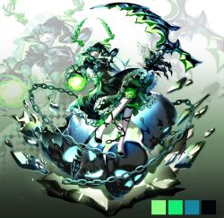 Rule 34 | 1girl, absurdres, black dress, black hair, black leggings, black rock shooter, bridal veil, chain, dead master, dress, green eyes, green horns, haneul (csky), high heels, highres, horns, leggings, medium hair, scythe, skeletal hand, skull, veil