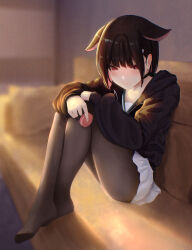 Rule 34 | 1girl, absurdres, animal ears, black choker, black hair, black hoodie, black pantyhose, blue archive, blurry, blurry background, blush, cat ears, cat girl, choker, colored inner hair, crossed legs, feet, food, hair behind ear, highres, holding, holding food, hood, hoodie, kazusa (blue archive), legs, legs together, multicolored hair, pantyhose, school uniform, skirt, sunlight, xshishio