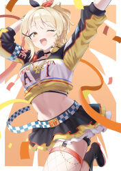 1girl absurdres arms_up black_shoes black_skirt blonde_hair blush braid breasts character_name cleavage confetti cropped_jacket fishnet_thighhighs fishnet_top fishnets hair_ornament highres jacket jewelry large_breasts layered_skirt long_hair looking_at_viewer love_live! love_live!_nijigasaki_high_school_idol_club midriff miniskirt miyashita_ai multicolored_jacket navel necklace one_eye_closed open_mouth ponytail shoes single_braid skirt smile solo thighhighs thighs three-quarter_sleeves x_hair_ornament yellow_eyes yuu_(shampoohatslime)