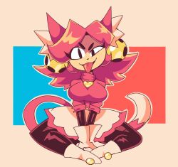 1girl animal_ear_fluff animal_ears bell black_eyes boots breasts cat_ears cat_girl cat_tail commentary dot_nose english_commentary gloves hair_bell hair_ornament heart heart_necklace highres jewelry large_breasts mad_mew_mew necklace pink_hair pink_shirt pink_trim shirt sitting skirt solo tail thick_eyebrows tommy_tornad0 tongue tongue_out turtleneck turtleneck_shirt undertale white_boots white_gloves white_skirt