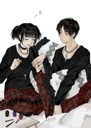 Rule 34 | 1boy, 1girl, absurdres, alternate universe, applying manicure, black hair, black nails, black shirt, brown hair, closed eyes, cosmetics, eren yeager, goth fashion, highres, holding hands, long sleeves, mikasa ackerman, multiple necklaces, musical note, nail polish, nail polish bottle, official alternate costume, painting nails, pants, parted bangs, parted lips, plaid clothes, plaid pants, plaid skirt, shingeki no kyojin, shirt, short twintails, sitting, skirt, smile, spoken musical note, studded choker, sweatdrop, tweezers, twintails, white background, zhuse fuxianqing
