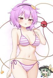 2girls :3 ahoge bikini black_hairband black_hat bow breasts cleavage collarbone commentary cowboy_shot gold_bikini green_hair hair_ornament hairband hat hat_bow heart heart_hair_ornament highres komeiji_koishi komeiji_satori medium_breasts medium_hair multiple_girls navel pink_bikini pink_hair short_hair side-tie_bikini_bottom simple_background stomach strap_pull striped_bikini striped_clothes suwa_yasai swimsuit third_eye touhou white_background yellow_bow