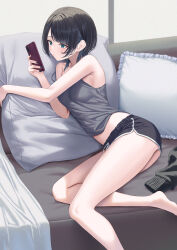 1girl absurdres black_hair black_nails black_shorts blue_eyes blue_hair cellphone couch dolphin_shorts grey_tank_top highres holding holding_phone indoors mole mole_under_eye multicolored_hair nail_polish on_couch original phone pillow rama_(yu-light8) short_hair shorts solo tank_top