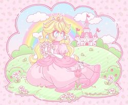 1girl artist_name blonde_hair border bug bush butterfly castle crown day derivative_work dress earrings elbow_gloves flower full_body gloves gold_crown hair_between_eyes happy head_wreath highres hill holding holding_head_wreath insect jewelry light_blush lipstick long_dress long_hair looking_to_the_side makeup mario_(series) mini_crown nintendo open_mouth outdoors outline pastel_colors pink_border pink_dress pink_flower pink_lips princess_peach princess_peach&#039;s_castle puffy_short_sleeves puffy_sleeves rainbow short_sleeves sitting smile solo sparkle sphere_earrings teeth the_rosy_pink_princess tulip turtleneck turtleneck_dress very_long_hair white_butterfly white_flower white_gloves white_outline yokozuwari