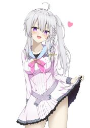 1girl 9-nine- :d absurdres ahoge arm_at_side belt blush braid breasts bright_pupils clothes_lift commentary commission commissioner_upload english_commentary eyelashes eyes_visible_through_hair frilled_skirt frills grey_belt grey_hair hair_between_eyes head_tilt heart highres lifting_own_clothes long_hair long_sleeves looking_at_viewer medium_breasts niimi_sora open_mouth pink_ribbon purple_eyes ribbon school_uniform seductive_smile shirt side_ponytail sidelocks simple_background single_braid skeb_commission skirt skirt_lift smile solo szl tsurime white_background white_shirt white_skirt