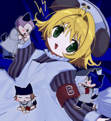 1girl 3boys ahoge animal_ears apron armband blonde_hair blue_hair commentary coo_erhard dark_blue_hair di_gi_charat dress english_commentary green_eyes highres ky_schweitzer long_sleeves looking_at_viewer multiple_boys open_mouth panda_ears pepeppepe101 piyoko red_armband rik_heisenberg short_hair smile striped_clothes striped_dress striped_sleeves tail vertical-striped_clothes vertical-striped_dress white_apron wolf_ears wolf_tail