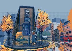1girl animated animated_gif apo_(rairaru20001) autumn autumn_leaves blinking brown_hair building car city coat crosswalk grey_sky holding holding_umbrella lamppost leaf motor_vehicle original outdoors overcast pixel_art puddle rain reflection road scarf sidewalk sky solo standing street traffic transparent transparent_umbrella tree umbrella wide_shot