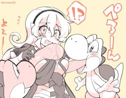 !? 1girl armor cape corrin_(female)_(fire_emblem) corrin_(fire_emblem) eromame fire_emblem fire_emblem_fates hairband long_hair mario_(series) monochrome nintendo open_mouth pointy_ears simple_background super_smash_bros. tongue tongue_out twitter_username yoshi yoshi&#039;s_island