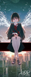 1girl alarm_clock artist_name bird black_dress black_hair black_shoes bob_cut building clock commentary_request dress fingernails full_body highres koh_rd looking_at_viewer medium_hair nail_polish original red_eyes red_nails roman_numeral sandals shoes signature sitting sky solo toenail_polish toenails watermark