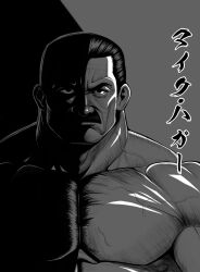 1boy bara facial_hair final_fight greyscale hair_slicked_back highres looking_at_viewer male_focus mike_haggar monochrome muscular muscular_male mustache pectorals shadow solo taka_(takahirokun) thick_neck upper_body veins