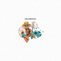 artist_request creatures_(company) deoxys deoxys_(normal) expressionless full_body game_freak gen_3_pokemon hat looking_at_viewer mythical_pokemon nintendo no_humans open_clothes open_shirt pokemon pokemon_(creature) sitting solo sun_hat tentacles translation_request what