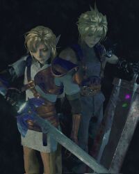 akiitopiia armor belt black_background black_gloves blonde_hair blue_pants brown_belt brown_pantyhose buster_sword closed_mouth cloud_strife cowboy_shot final_fantasy final_fantasy_vii gloves hair_between_eyes highres holding holding_sword holding_weapon link master_sword materia multiple_belts nintendo pants pantyhose pauldrons poi shoulder_armor single_bare_shoulder single_pauldron sleeveless sleeveless_turtleneck spiked_hair suspenders sword the_legend_of_zelda tunic turtleneck weapon white_tunic