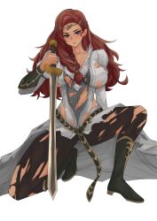 1girl artryan101 boots braided_sidelock breasts highres hu00e8ra_hammerhand kneeling medium_breasts red_hair sword the_lord_of_the_rings tolkien&#039;s_legendarium torn_clothes war_of_the_rohirrim weapon