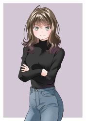 Rule 34 | 1girl, ahoge, black sweater, blue pants, border, brown hair, crossed arms, denim, gradient hair, jeans, long hair, looking at viewer, multicolored hair, original, outside border, pants, purple background, simple background, solo, standing, sweater, white border, yamanaka kouji (yanchiki2001)