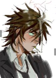 Rule 34 | 1boy, alternate costume, art program in frame, black hair, black jacket, black necktie, cigarette, commentary, green eyes, hair between eyes, highres, isoi reiji, jacket, laomiao409, loose necktie, male focus, necktie, open clothes, open collar, open jacket, portrait, saibou shinkyoku, sanpaku, shirt, short hair, simple background, sketch, smoking, solo, symbol-only commentary, white background, white shirt