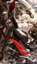 1girl absurdres ahoge armband bare_shoulders black_armband black_choker black_gloves black_pants breasts bubble button_gap can chair choker curled_horns demon_tail gloves high-waist_pants high_heels highres holding holding_can holding_shield horns large_breasts leg_up long_hair looking_at_viewer mole mole_under_eye necktie on_chair pants red_eyes red_necktie shield shirt sitting sleeveless sleeveless_shirt soare_lucien solo tail tight_clothes tight_pants weapon white_hair white_shirt wuthering_waves zani_(wuthering_waves)
