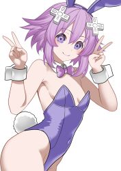 Rule 34 | 1girl, absurdres, animal ear hairband, animal ears, bare legs, bow, bowtie, breasts, choujigen game neptune, commentary, cowboy shot, d-pad, d-pad hair ornament, detached collar, english commentary, fake animal ears, hair ornament, hairband, highres, leotard, looking at viewer, neptune (neptunia), neptune (series), playboy bunny, purple bow, purple bowtie, purple eyes, purple hair, purple leotard, rabbit ears, rabbit tail, short hair, sideboob, simple background, small breasts, solo, strapless, strapless leotard, tail, v, wrist cuffs, xueli shimazaki