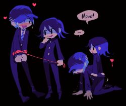 Rule 34 | ..., 2boys, all fours, baseball cap, black background, black eyes, blush, bound, bound wrists, breasts, buttons, commentary, danganronpa (series), danganronpa v3: killing harmony, domination, english text, flipped hair, full body, gakuran, habz, hair between eyes, hat, heart, height difference, highres, holding, holding leash, jacket, leash, long sleeves, male focus, medium hair, multiple boys, necktie, oma kokichi, open mouth, purple hair, saihara shuichi, school uniform, short hair, sitting, sitting on person, smile, speech bubble, spoken ellipsis, standing, sweat, toon (style), trembling, yaoi