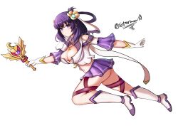 Rule 34 | 1girl, absurdres, ao no kiseki, artist name, bob cut, boots, bow-shaped hair, breasts, cleavage cutout, clothing cutout, commentary, commission, crescent, crescent necklace, double-parted bangs, eiyuu densetsu, english commentary, flying, gloves, hair between eyes, hair ornament, hajimari no kiseki, highres, holding, holding wand, jewelry, large breasts, looking at viewer, magical girl, navel, necklace, purple eyes, purple hair, rixia mao, simple background, solo, stormowl0, twitter username, wand, white background, white gloves, winged wand, zero no kiseki