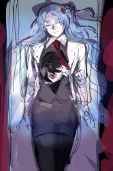 1boy 1girl arms_behind_back ayin_(project_moon) blue_hair carmen_(project_moon) closed_eyes collared_shirt formal_clothes highres lobotomy_corporation long_hair meptbey necktie one_eye_covered peeking_out project_moon red_eyes red_hair red_necktie shirt side_ponytail sketch suit upper_body very_long_hair white_suit
