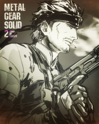 1boy ataraxa cigarette facial_hair gun headband male_focus metal_gear_(series) metal_gear_solid metal_gear_solid_2:_sons_of_liberty monochrome mullet smoke solid_snake solo stubble weapon