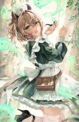 1girl :d absurdres animal_ears apron black_shoes brown_hair commentary contrast_collar crossed_bangs curtains double-parted_bangs dress english_commentary frilled_dress frills garter_straps green_dress green_eyes hair_between_eyes hair_ribbon hands_up hat high_heels highres holding holding_smoking_pipe indie_virtual_youtuber juliet_sleeves lace lace-trimmed_thighhighs lace_trim long_sleeves looking_at_viewer meltyrice naplings_(nimi_nightmare) nimi_nightmare nurse nurse_cap one_side_up open_mouth puffy_sleeves ribbon shoes short_hair sleeve_cuffs smile smoking_pipe solo strappy_heels tapir_ears tapir_girl teeth thighhighs upper_teeth_only virtual_youtuber waist_bag white_apron white_ribbon white_thighhighs