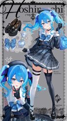 1girl :p absurdres artist_name asymmetrical_legwear bag belt beret black_gloves black_shoes blue_belt blue_bow blue_bowtie blue_choker blue_eyes blue_hair blue_hat blue_jacket blue_ribbon blue_skirt blue_thighhighs blush bottle bow bowtie buttons character_name choker clothing_cutout commentary_request double-breasted double-parted_bangs earrings floating_hair full_body garter_straps glint gloves hair_between_eyes hair_ribbon hand_up hat high_heels highres holding holding_bag hololive hoshimachi_suisei jacket jewelry jirai_kei long_hair long_sleeves mismatched_legwear open_mouth perfume_bottle plaid_clothes plaid_skirt ribbon sailor_collar sakurada_nana shoes shoulder_cutout single_garter_strap skirt smile standing thighhighs tongue tongue_out twintails twitter_username v v_over_mouth virtual_youtuber white_sailor_collar white_thighhighs zoom_layer