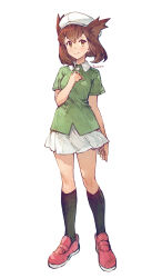 1girl benitama bianca_(pokemon_heroes) black_socks blush brown_eyes brown_hair full_body green_shirt hat highres kneehighs looking_at_viewer nintendo pokemon pokemon_(anime) pokemon_(classic_anime) pokemon_heroes:_latios_&amp;_latias shirt short_hair short_sleeves simple_background skirt socks solo white_background white_skirt
